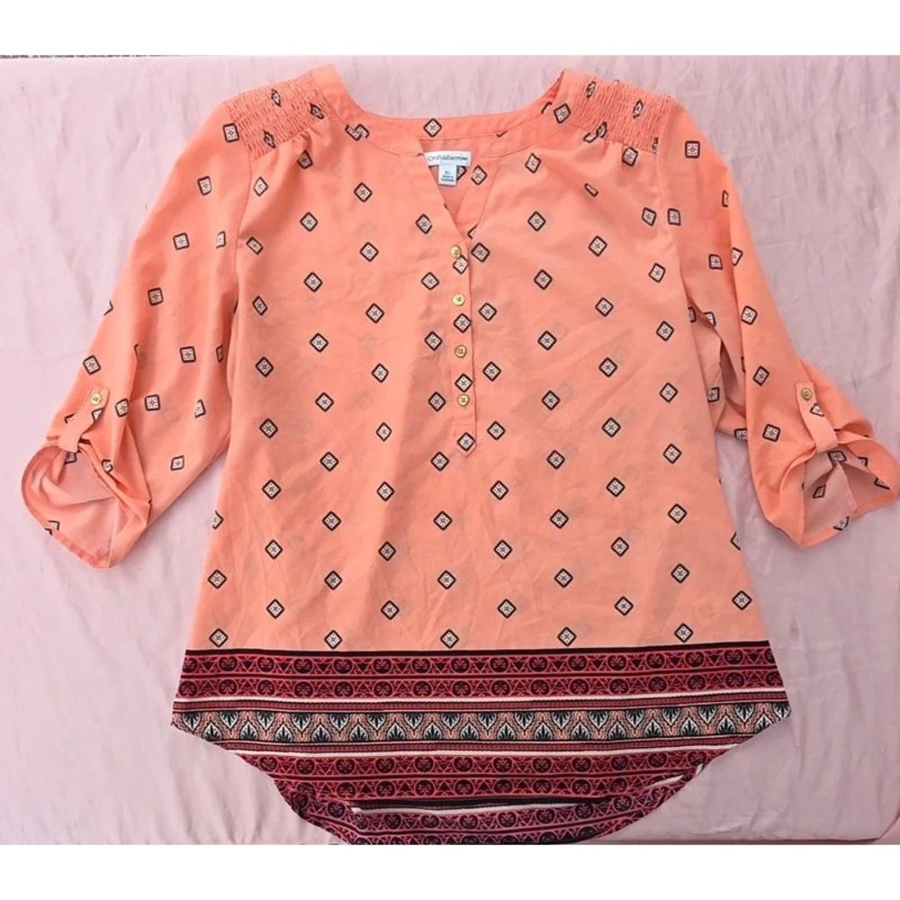 Croft & Barrow Peach Geometric Print 3/4 Sleeve Button Tab Blouse XL